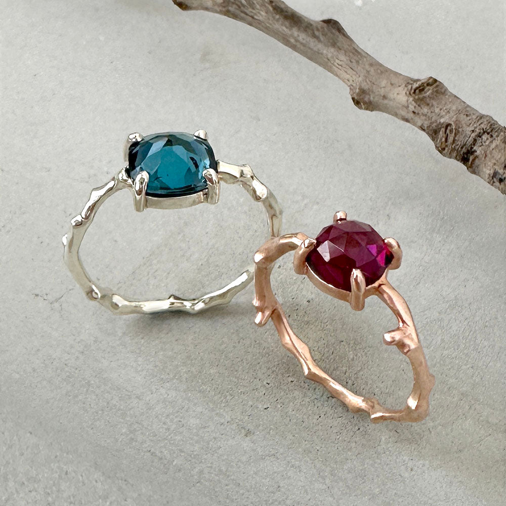 Cherry Twig Ring with Square Cushion Rhodolite Garnet