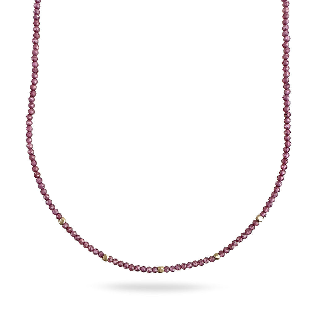 Beaded Necklace with Rhodolite Garnet and Solid Gold Nugget Beads