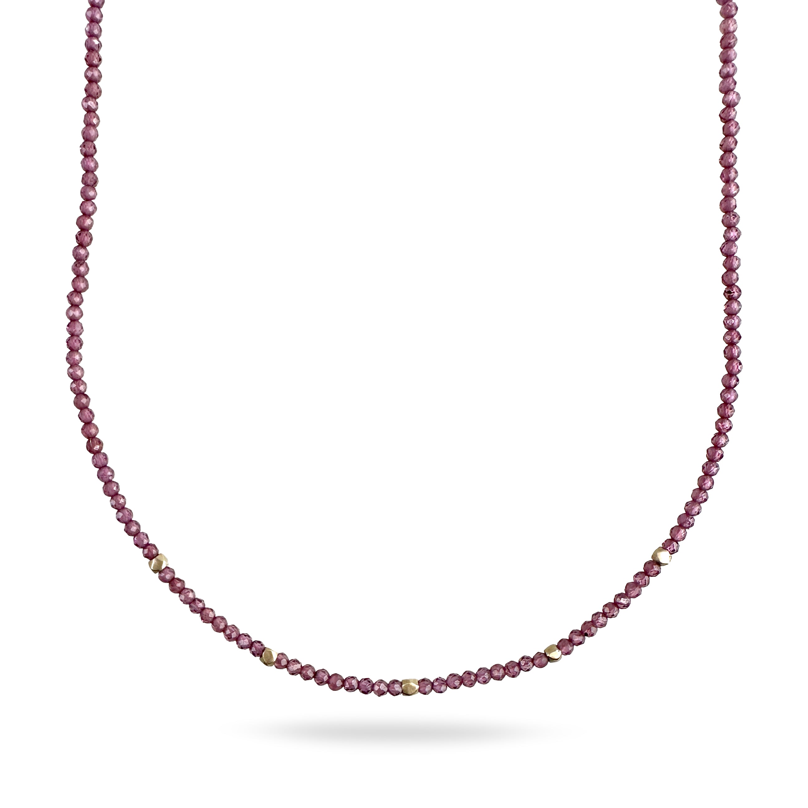 Beaded Necklace with Rhodolite Garnet and Solid Gold Nugget Beads