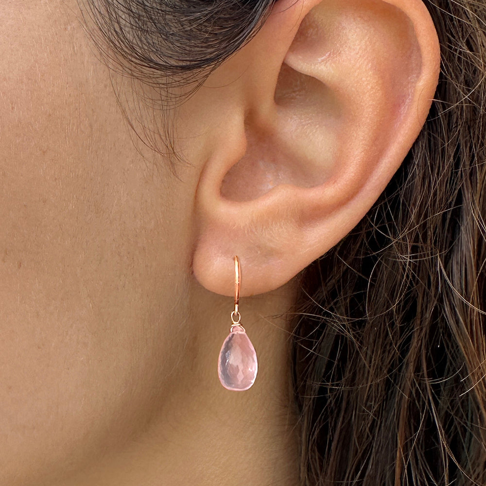 Drop Earrings in 9 carat gold with Micro Faceted Rose Quartz