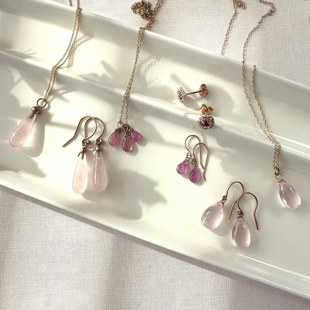 Drop Earrings in 9 carat gold with Micro Faceted Rose Quartz