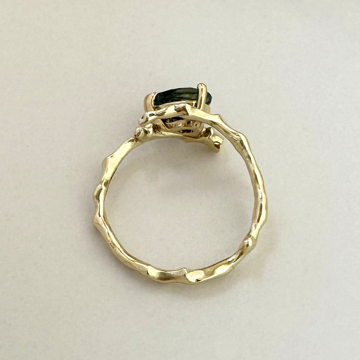 Twig Engagement Ring in 14 Carat Gold and Pear Cut Teal Sapphire