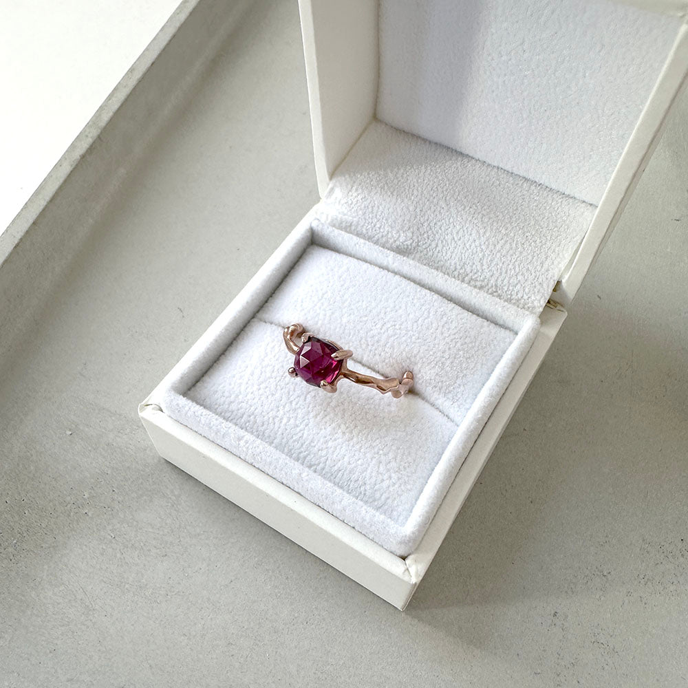 Cherry Twig Ring with Square Cushion Rhodolite Garnet