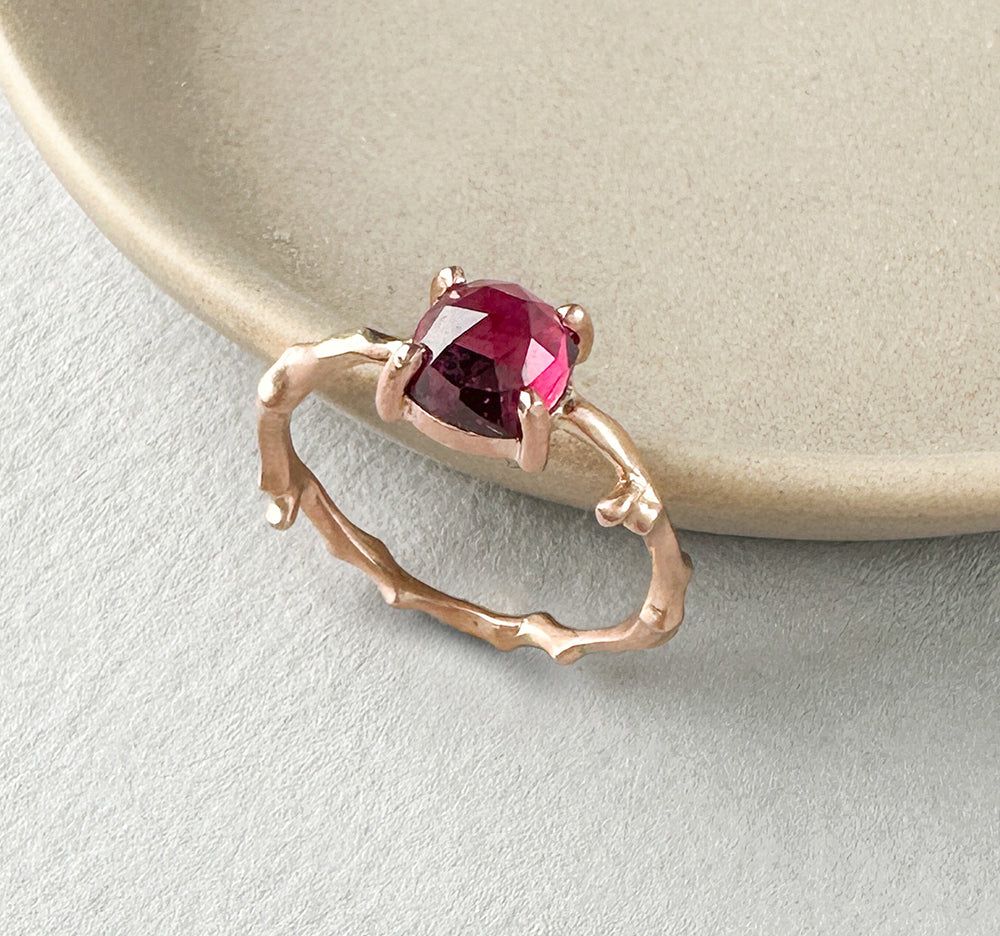 Cherry Twig Ring with Square Cushion Rhodolite Garnet