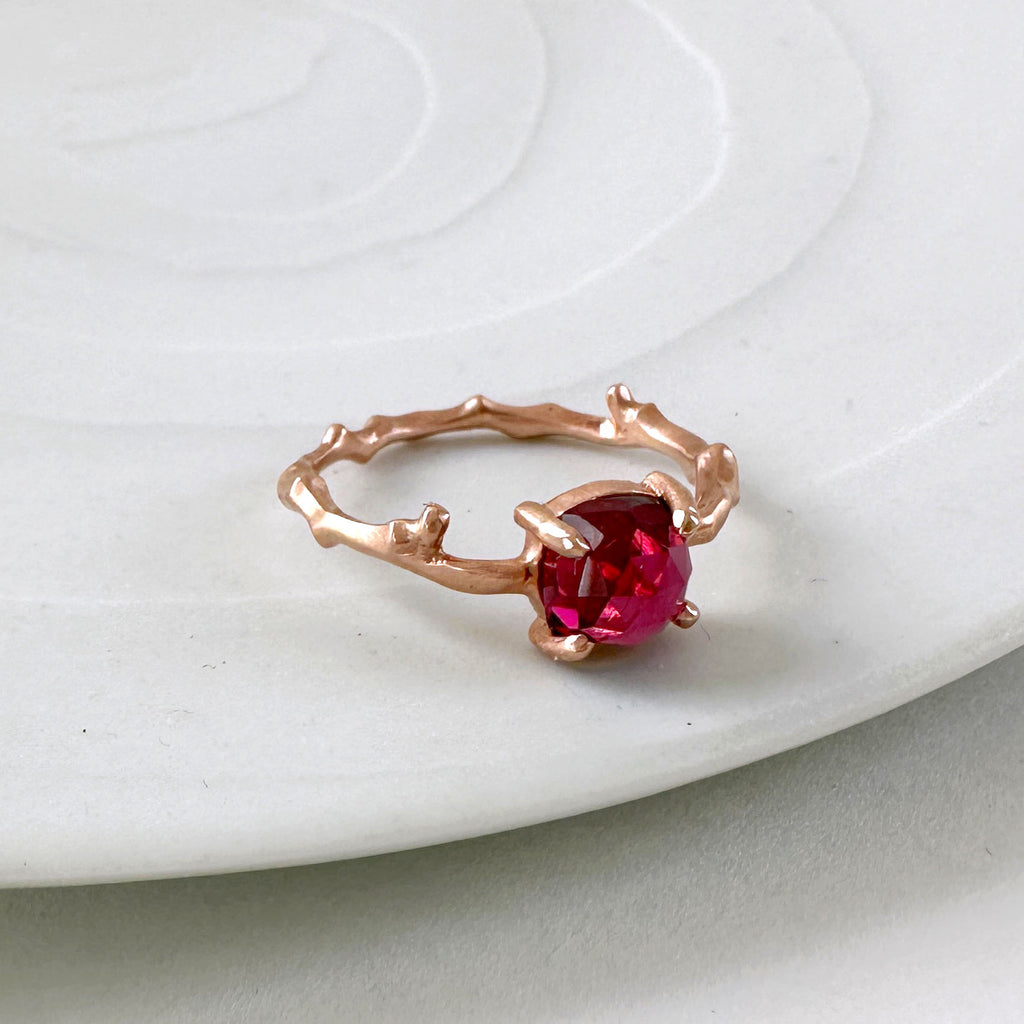 Cherry Twig Ring with Square Cushion Rhodolite Garnet
