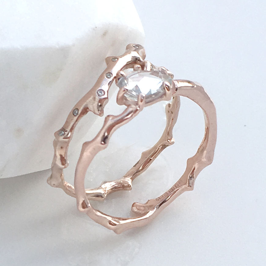 Twig Engagement Ring in 9 carat rose gold with rose cut white Ceylon sapphire