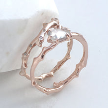 Load image into Gallery viewer, Twig Engagement Ring in 9 carat rose gold with rose cut white Ceylon sapphire
