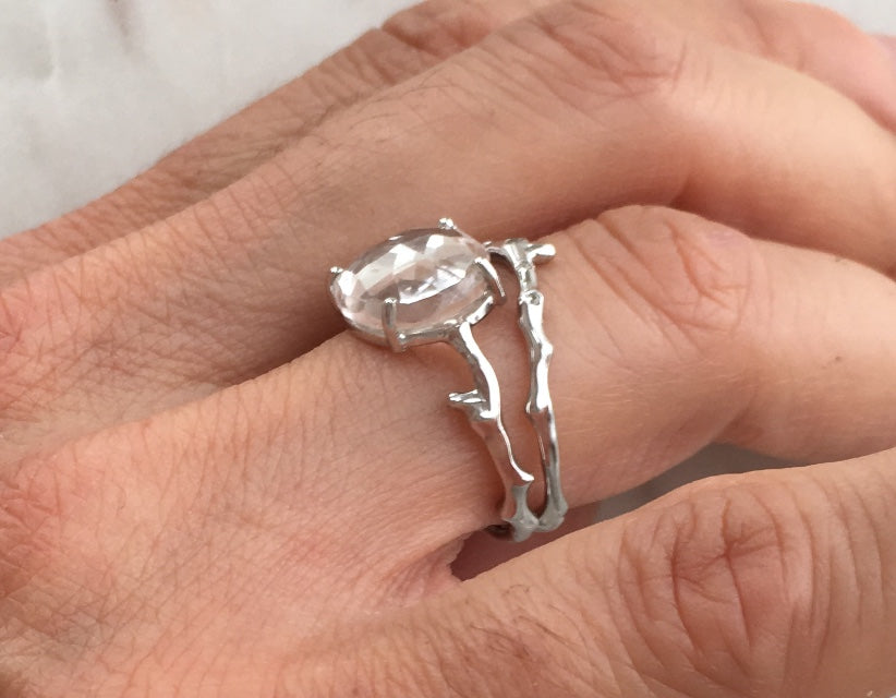 Twig Engagement Ring in 9 carat gold with Rose Cut White Topaz