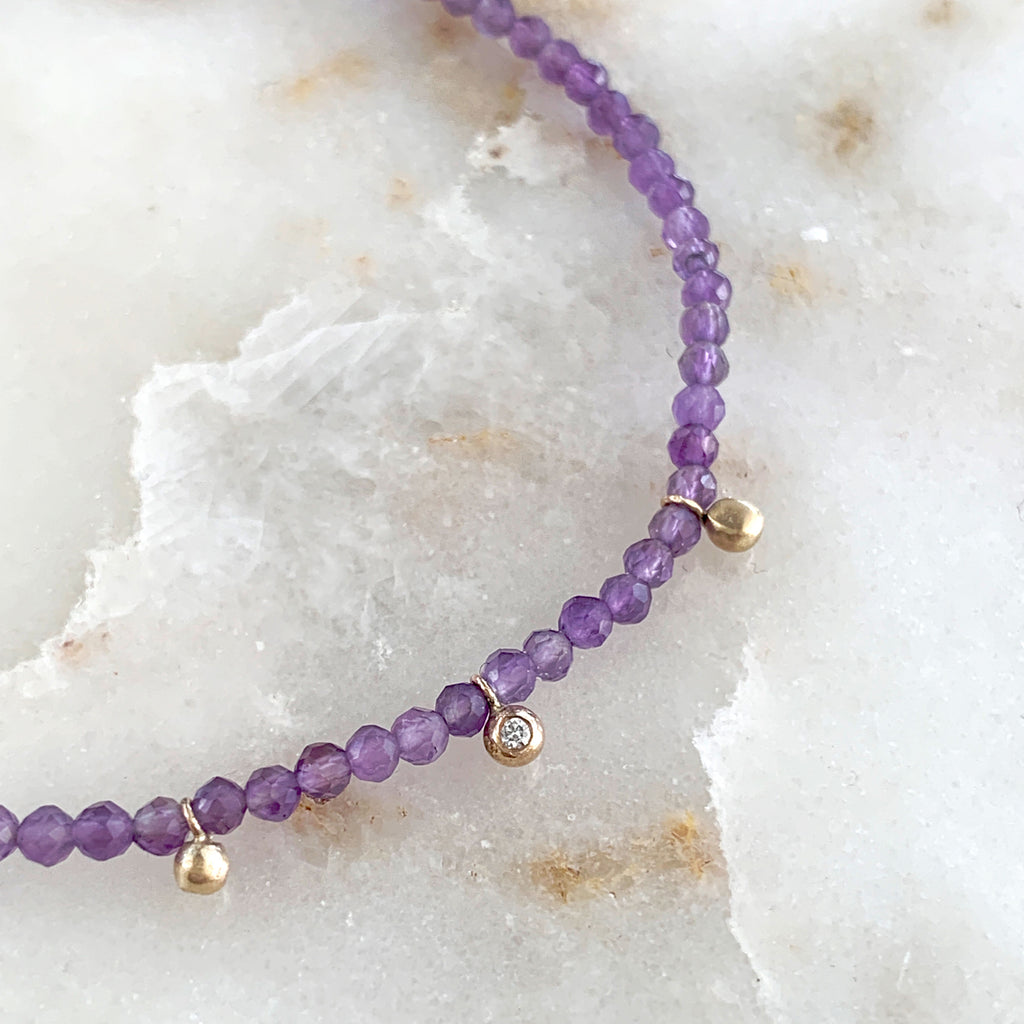 Stretch Bracelet with Amethyst and Gold and Diamond Charms