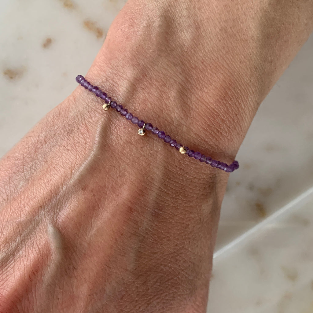 Stretch Bracelet with Amethyst and Gold and Diamond Charms