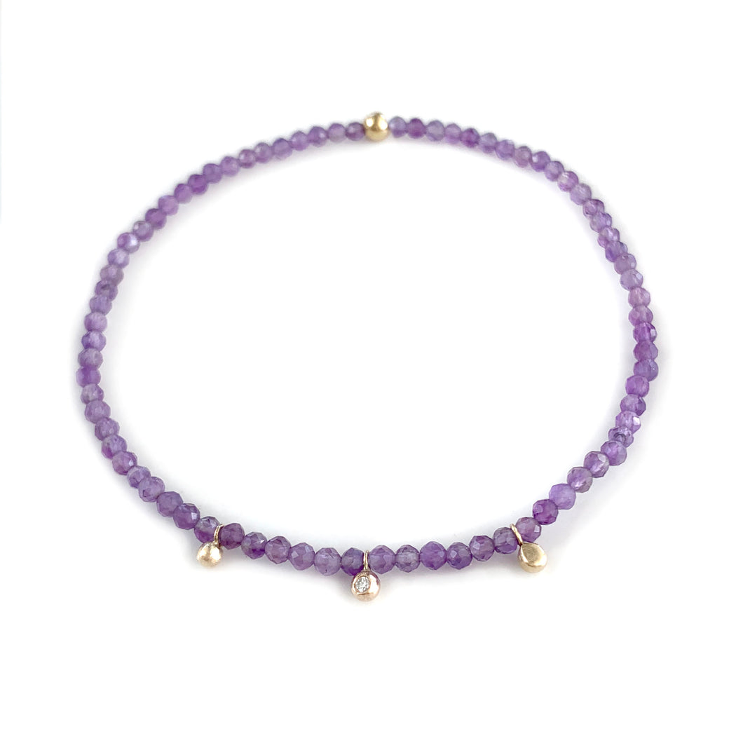 Amethyst Beaded Bracelet with Gold and Diamond Charms