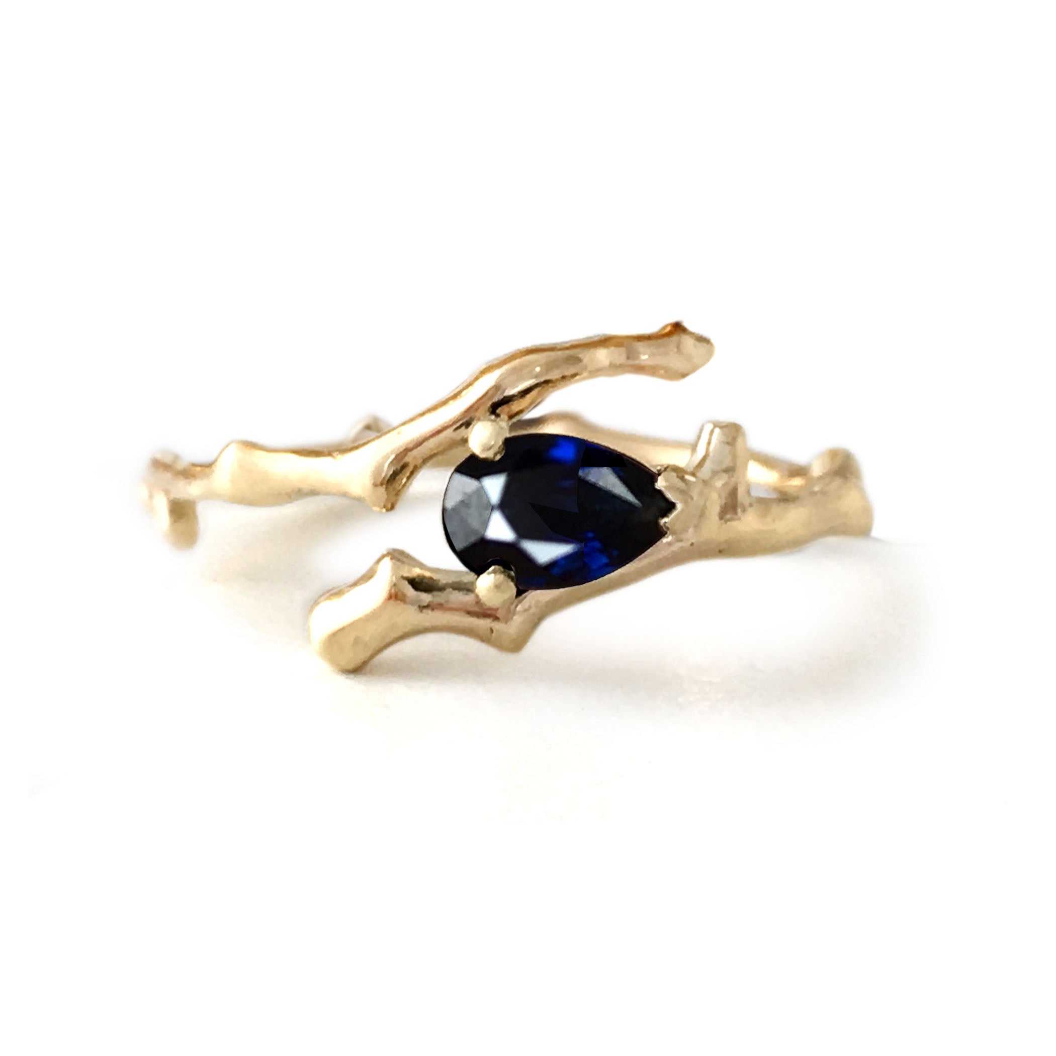 Twig Engagement Ring in 9 carat gold with pear cut Australian blue sapphire