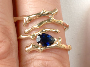 Twig Engagement Ring in 9 carat gold with pear cut Australian blue sapphire