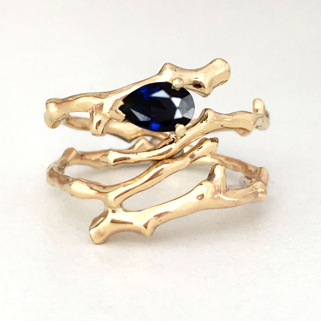 Twig Engagement Ring in 9 carat gold with pear cut Australian blue sapphire