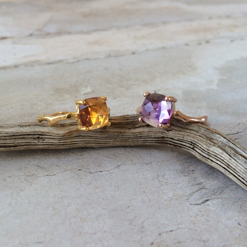 Twig Statement Ring with Square Cushion Cut Citrine or Amethyst