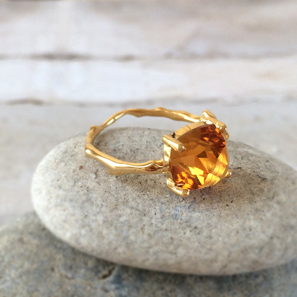 Twig Statement Ring with Square Cushion Cut Citrine or Amethyst