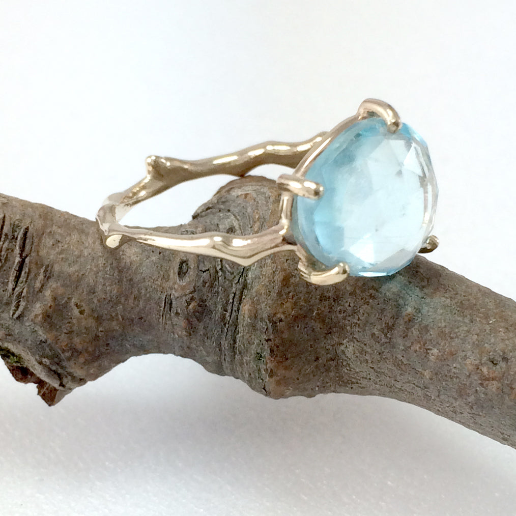 Twig Statement Ring with Unique Rose Cut Blue Topaz