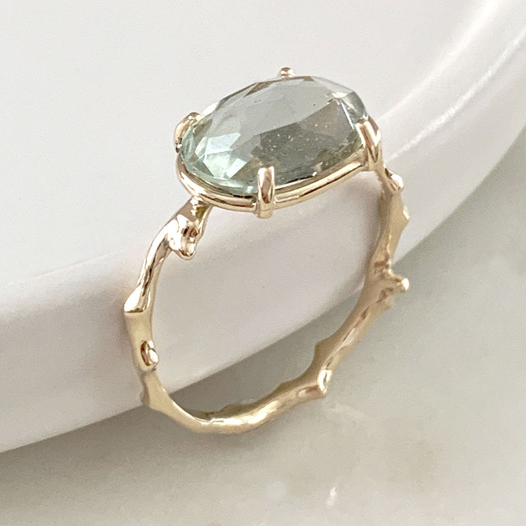 Twig Statement Ring with Unique Rose Cut Green Amethyst