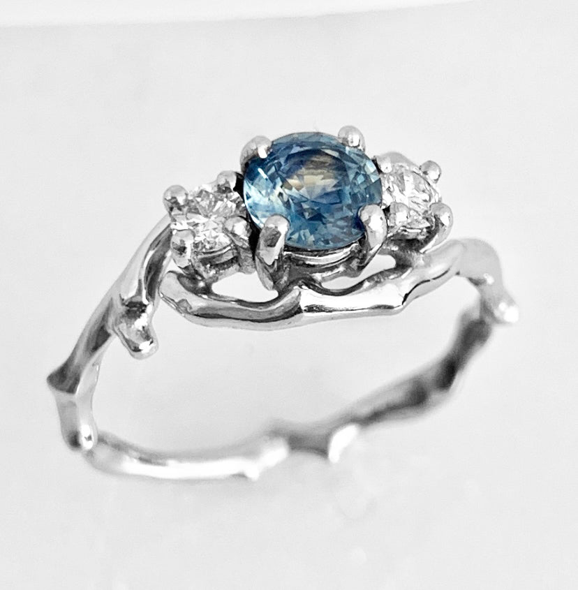 Cherry Twig Engagement Ring in Platinum with Montana Sapphire and Canadamark Diamonds