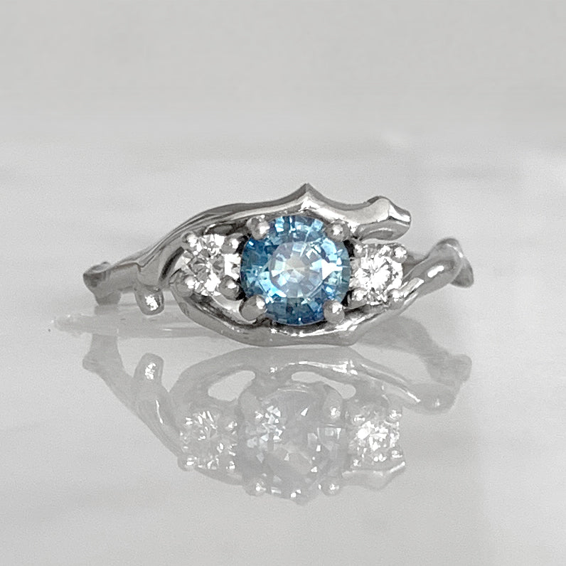 Cherry Twig Engagement Ring in Platinum with Montana Sapphire and Canadamark Diamonds