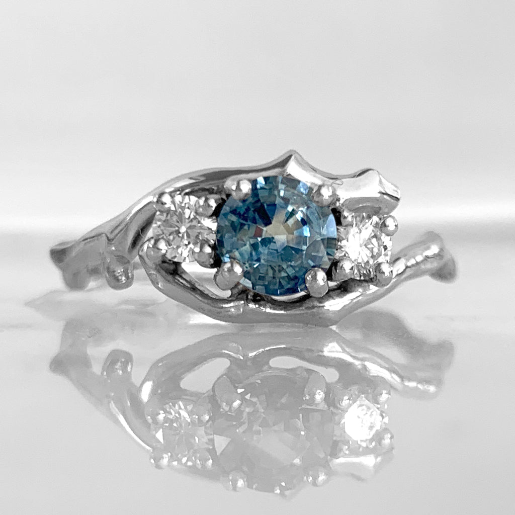 Cherry Twig Engagement Ring in Platinum with Montana Sapphire and Canadamark Diamonds