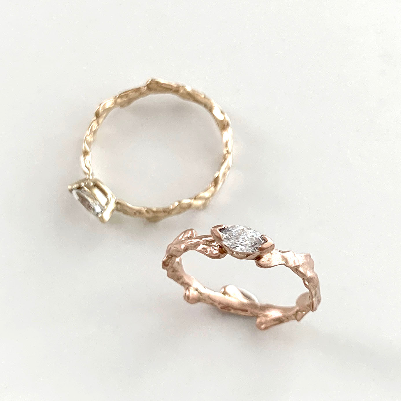 Conifer Leaf Engagement Ring in 9 carat Gold with Marquise Cut Sapphire