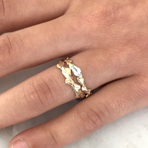 Conifer Leaf Engagement Ring in 9 carat Gold with Marquise Cut Sapphire