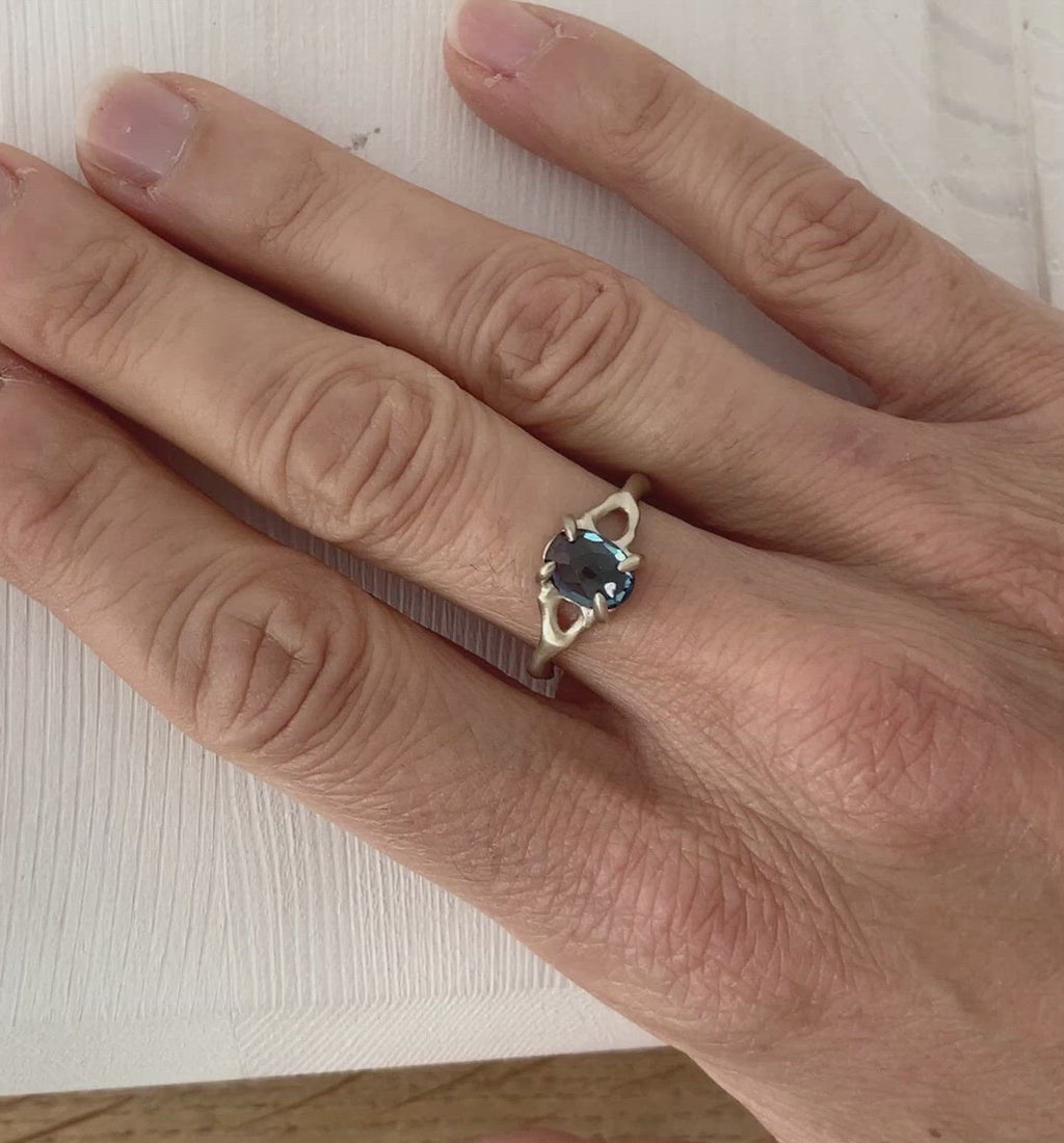 Twig Ring with London Blue Topaz Oval Cabochon in 14 carat Gold
