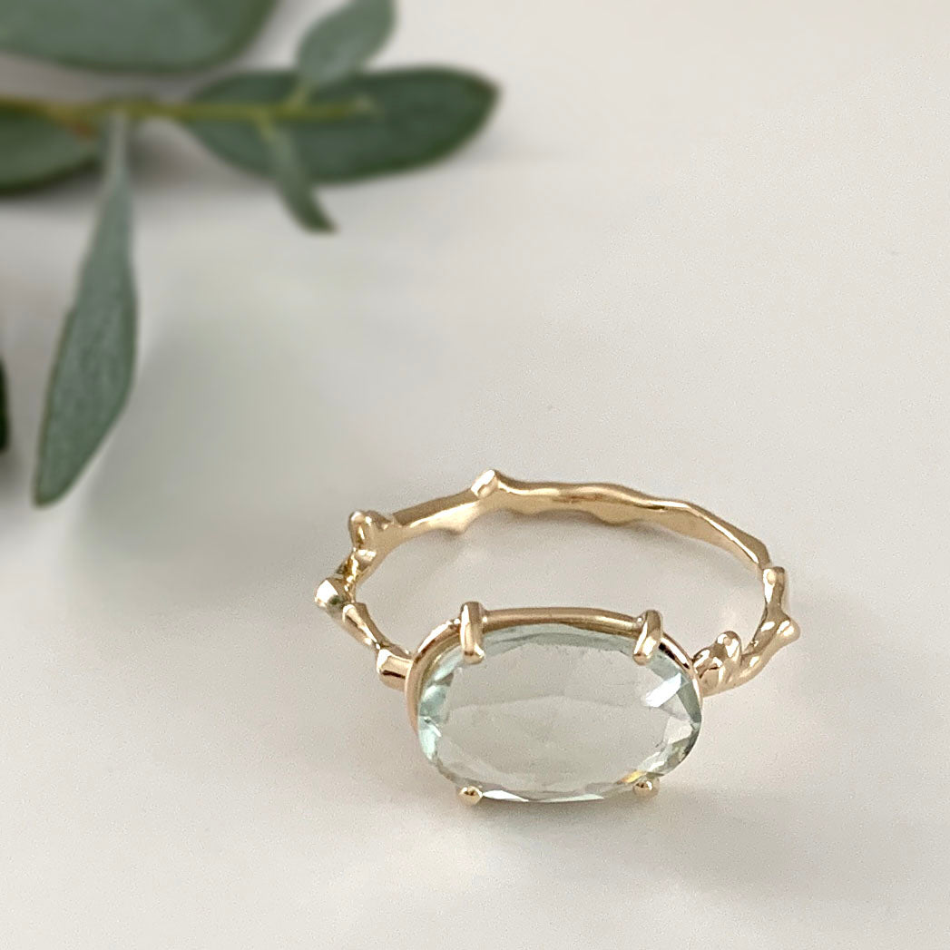 Twig Statement Ring with Unique Rose Cut Green Amethyst