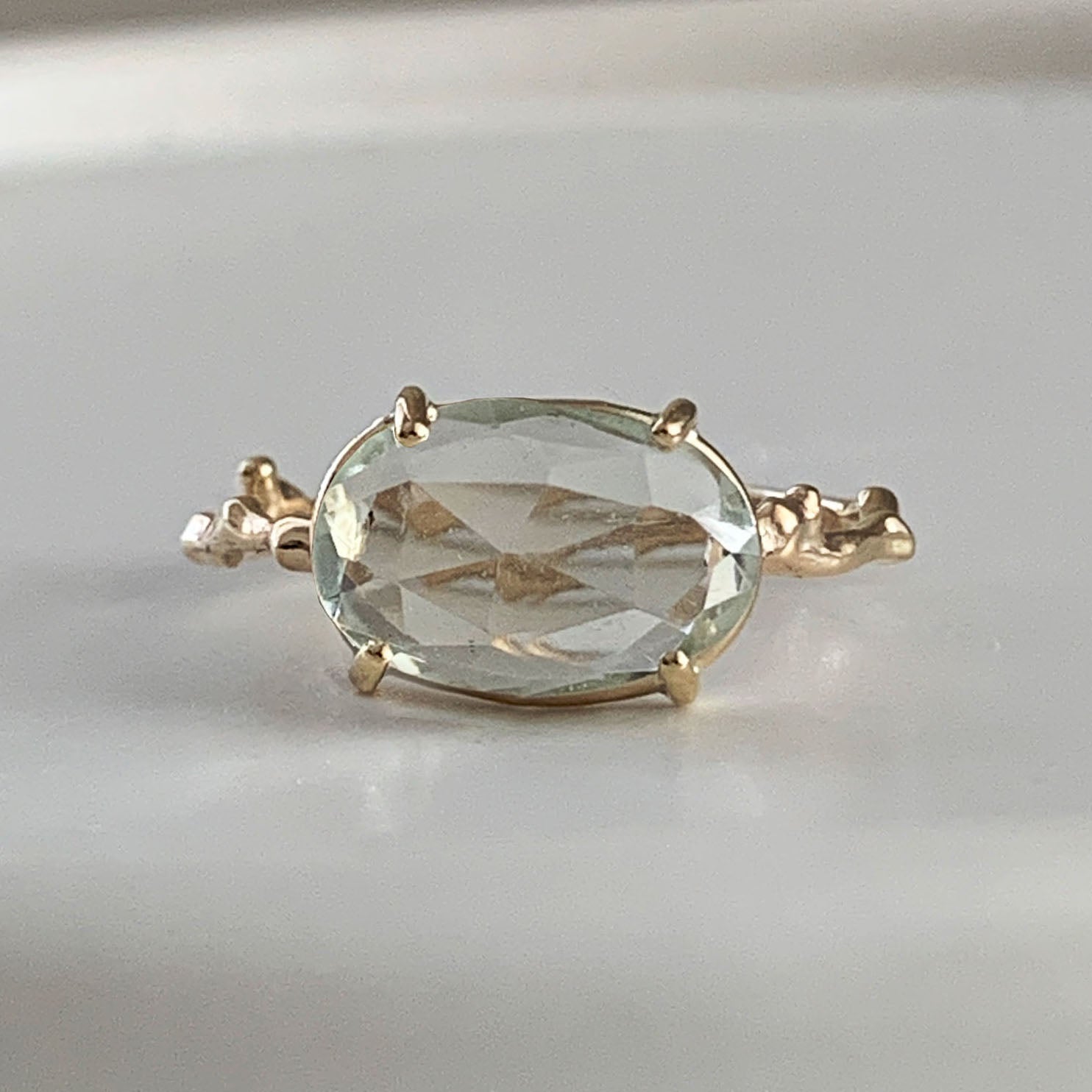 Twig Statement Ring with Unique Rose Cut Green Amethyst