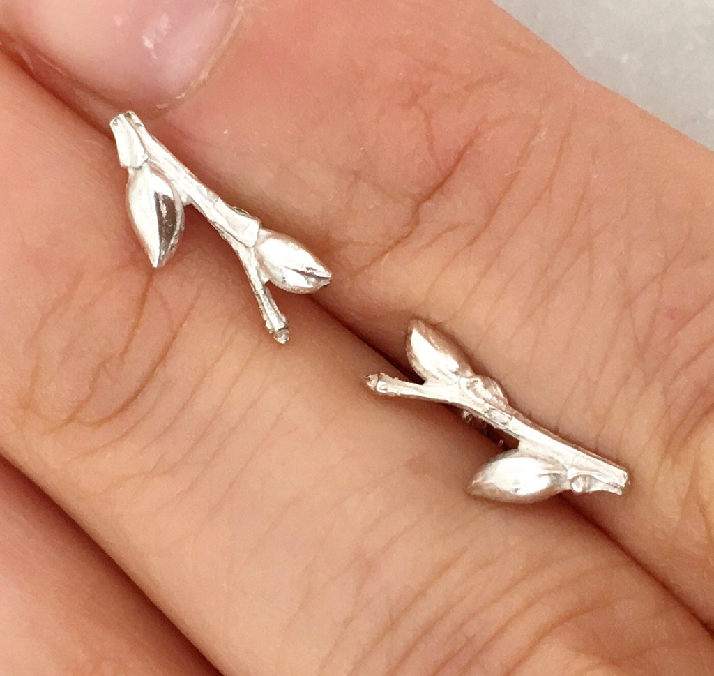 Willow Twig ear studs with buds and woodgrain texture