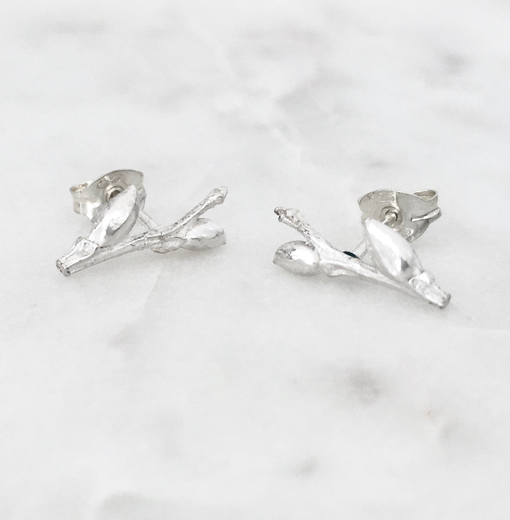 Willow Twig ear studs with buds and woodgrain texture