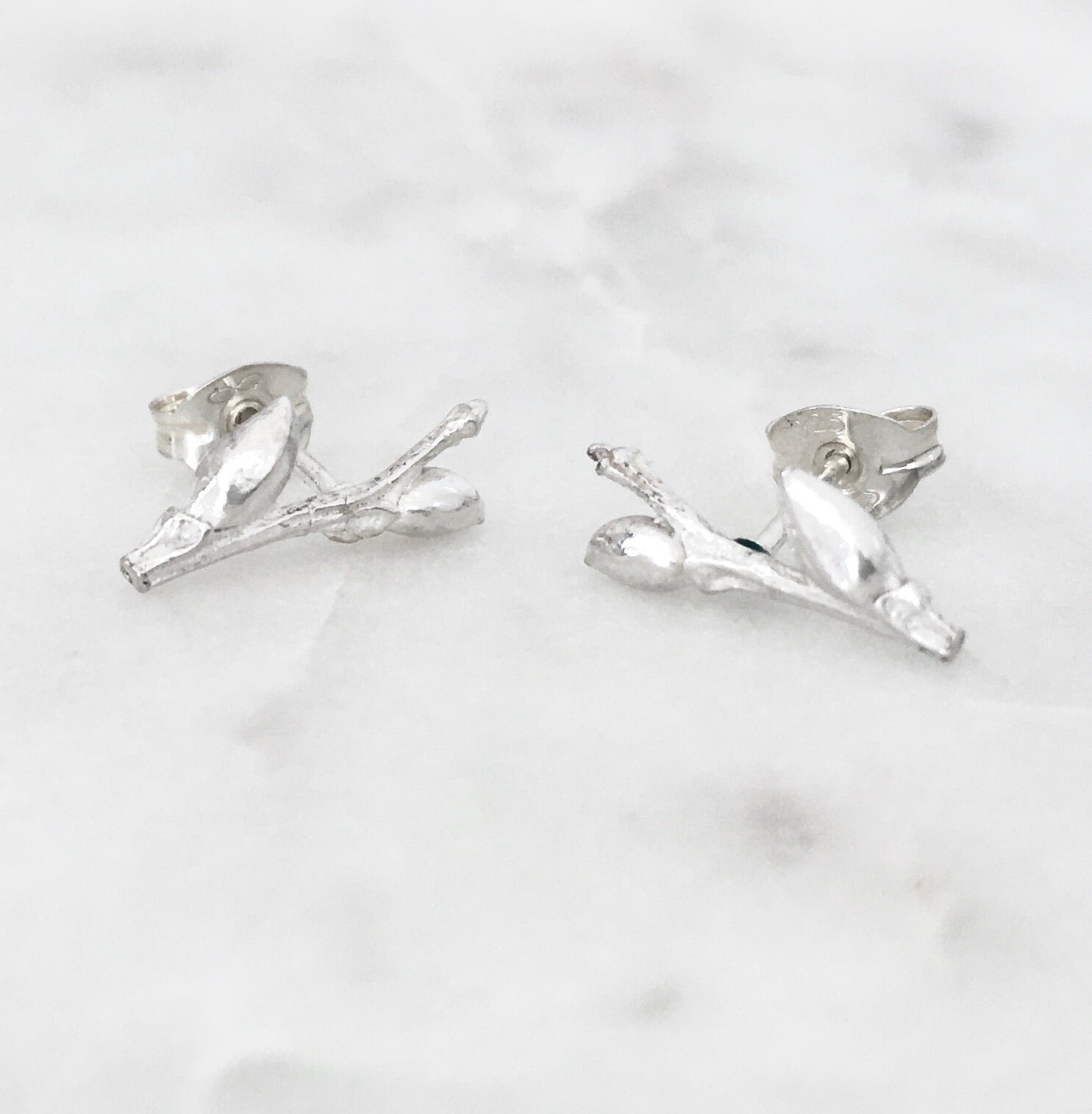 Willow Twig ear studs with buds and woodgrain texture