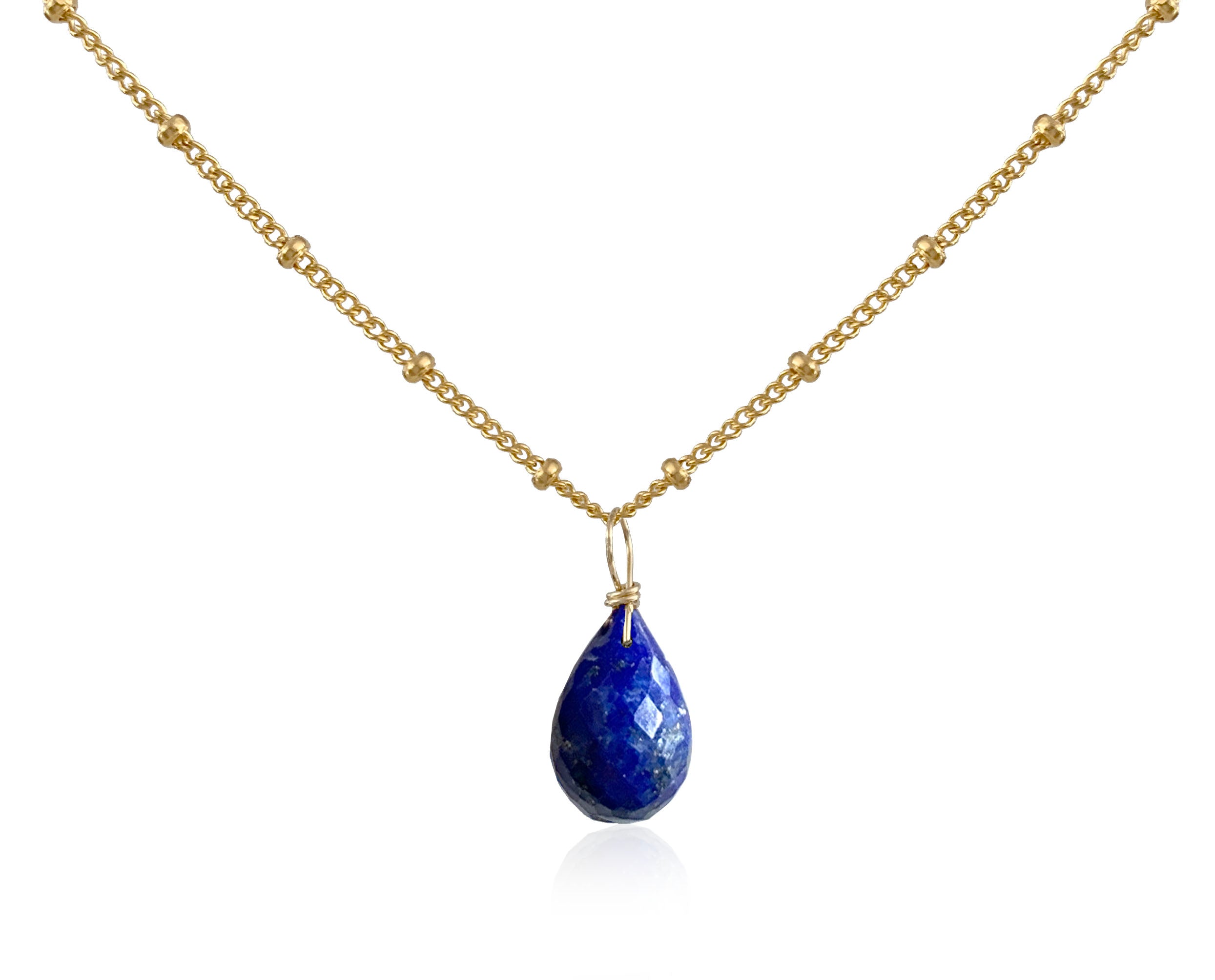 Pendant Necklace with Lapis Lazuli Briolette on Satellite Chain