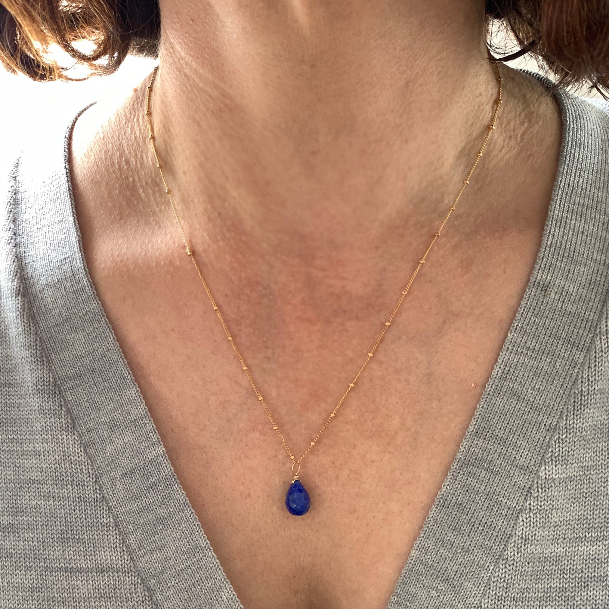Pendant Necklace with Lapis Lazuli Briolette on Satellite Chain