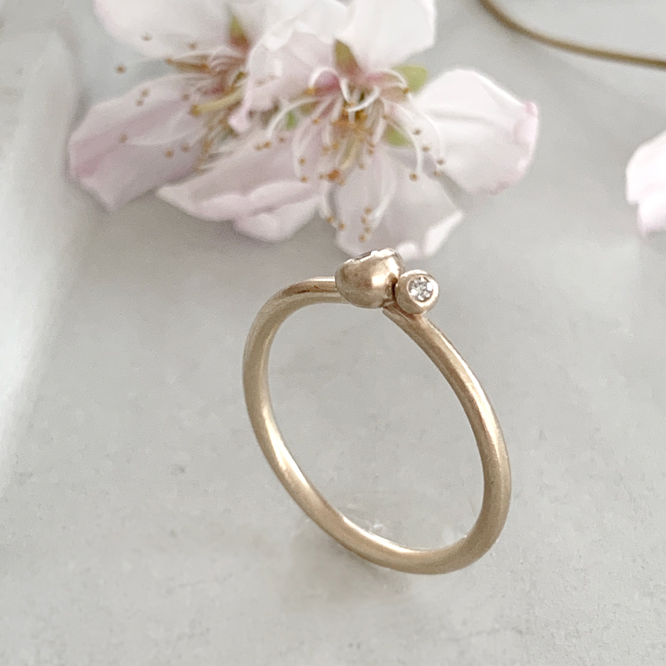 Molten Gold Stacking Ring with Two Solid Gold Beads with Diamonds