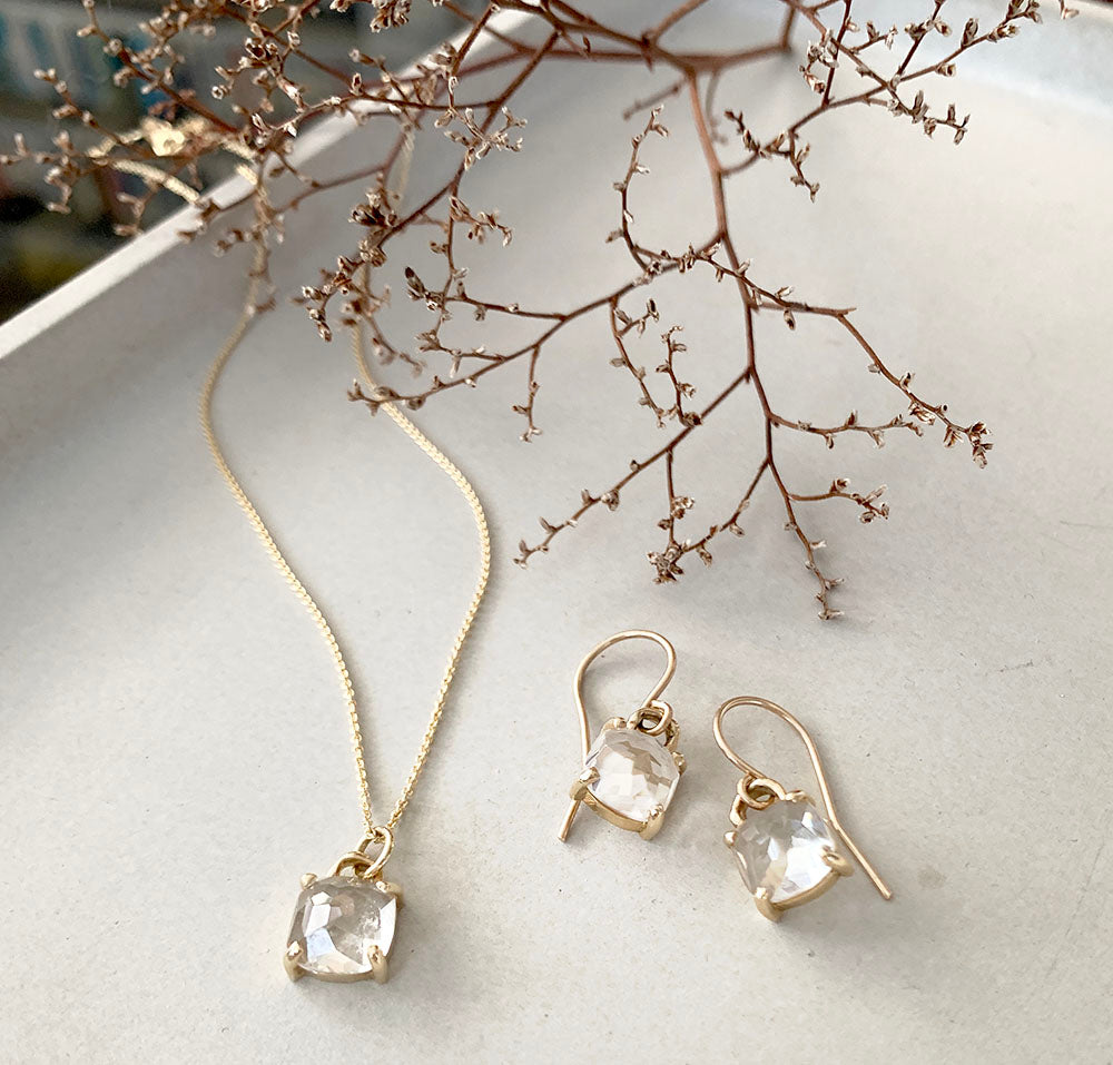 Drop earrings with square cushion cut white topaz with twig detail
