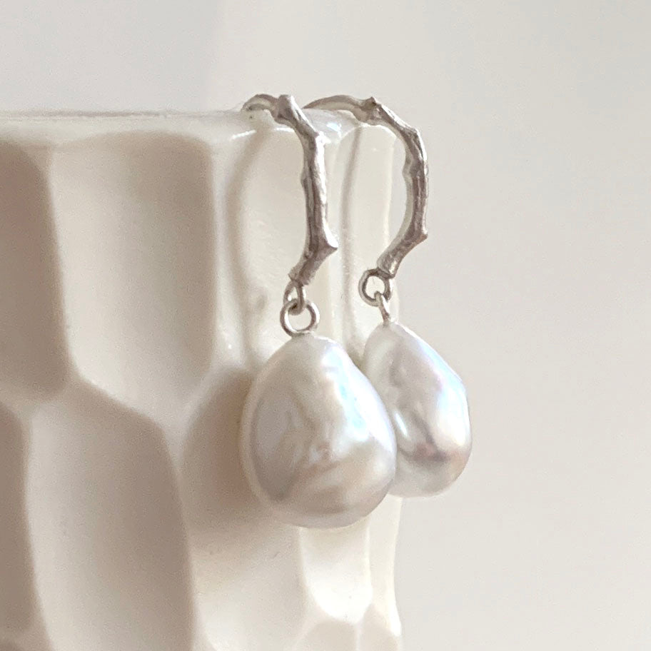 Baroque Pearl Drop Earrings with Sterling Silver Twig Ear Hooks