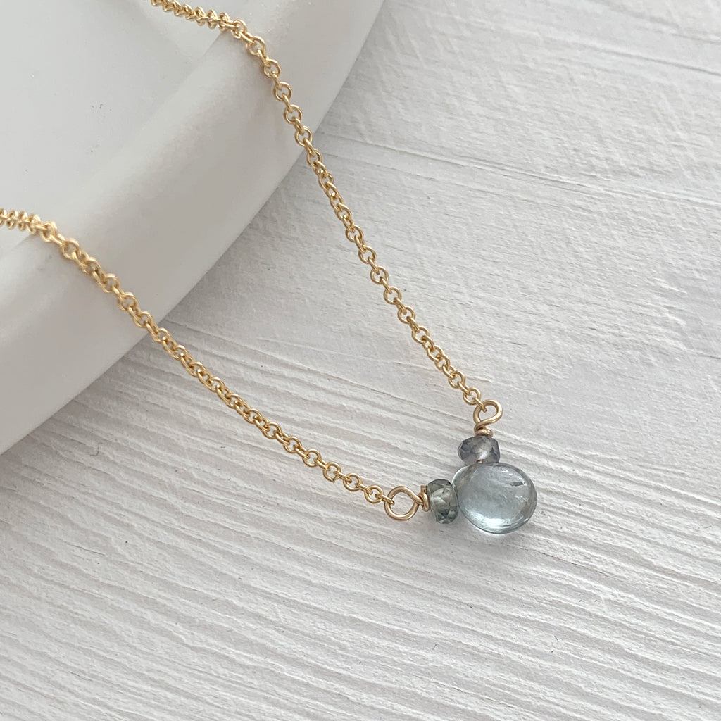 Sapphire Smooth Briolette 3-Stone Drop Necklace with Gold Chain