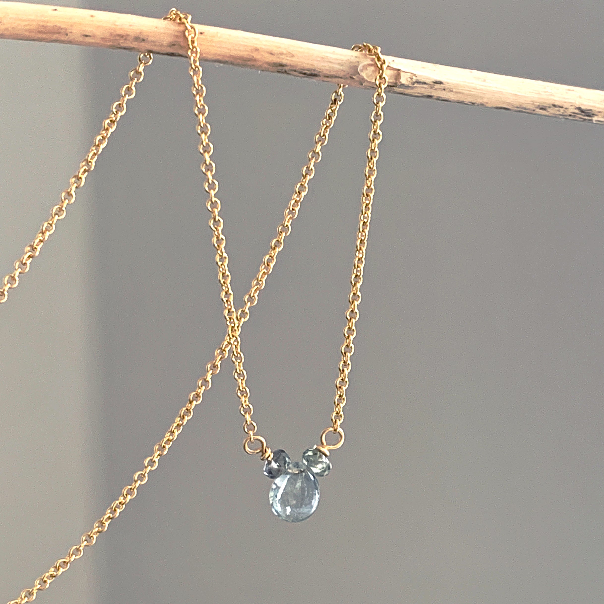 Sapphire Smooth Briolette 3-Stone Drop Necklace with Gold Chain