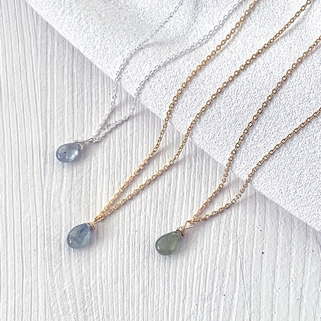 Sapphire Smooth Briolette Drop Necklace with Silver Chain