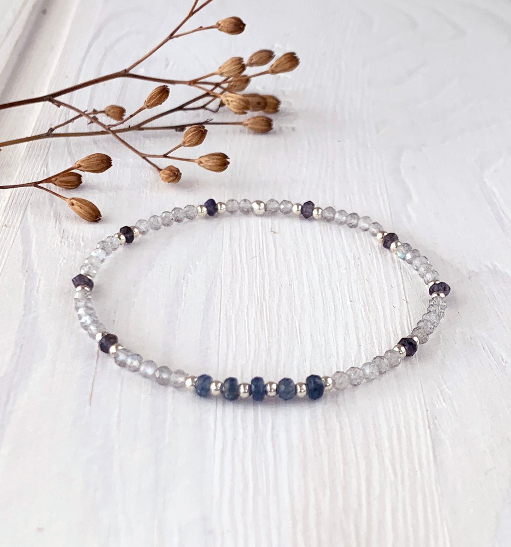 Stretch Bracelet with Blue Sapphire, Labradorite and Iolite Sterling Silver Beads