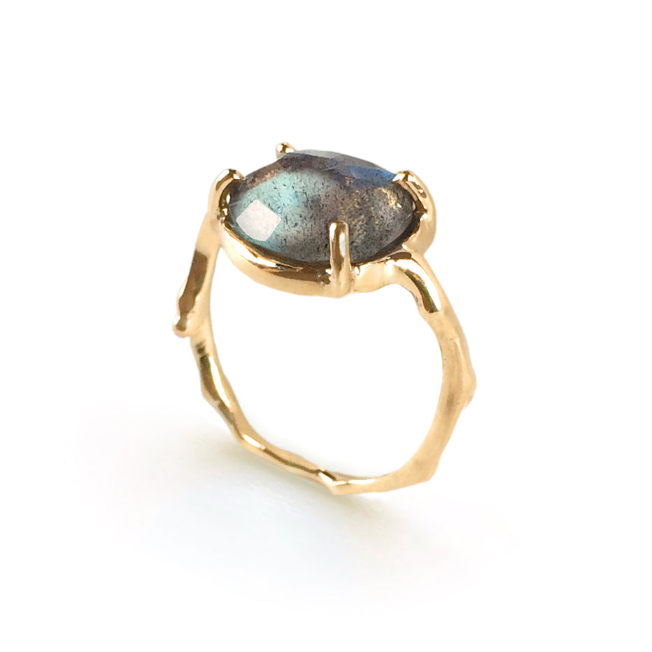 Twig Ring with Unique Rose cut Labradorite