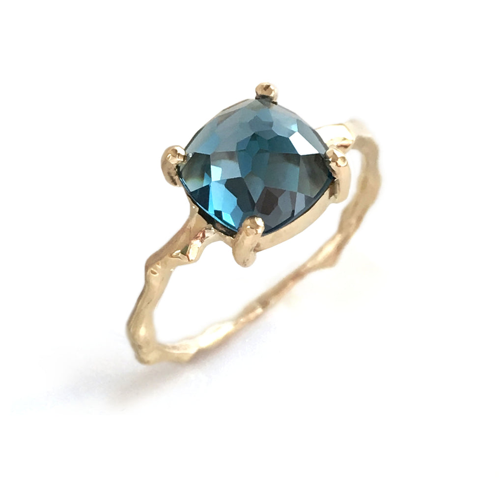 Twig Statement Ring in 9 carat gold with Cushion Cut London Blue Topaz