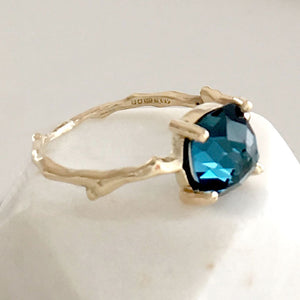 Twig Statement Ring in 9 carat gold with Cushion Cut London Blue Topaz