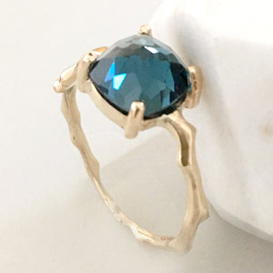 Twig Statement Ring in 9 carat gold with Cushion Cut London Blue Topaz