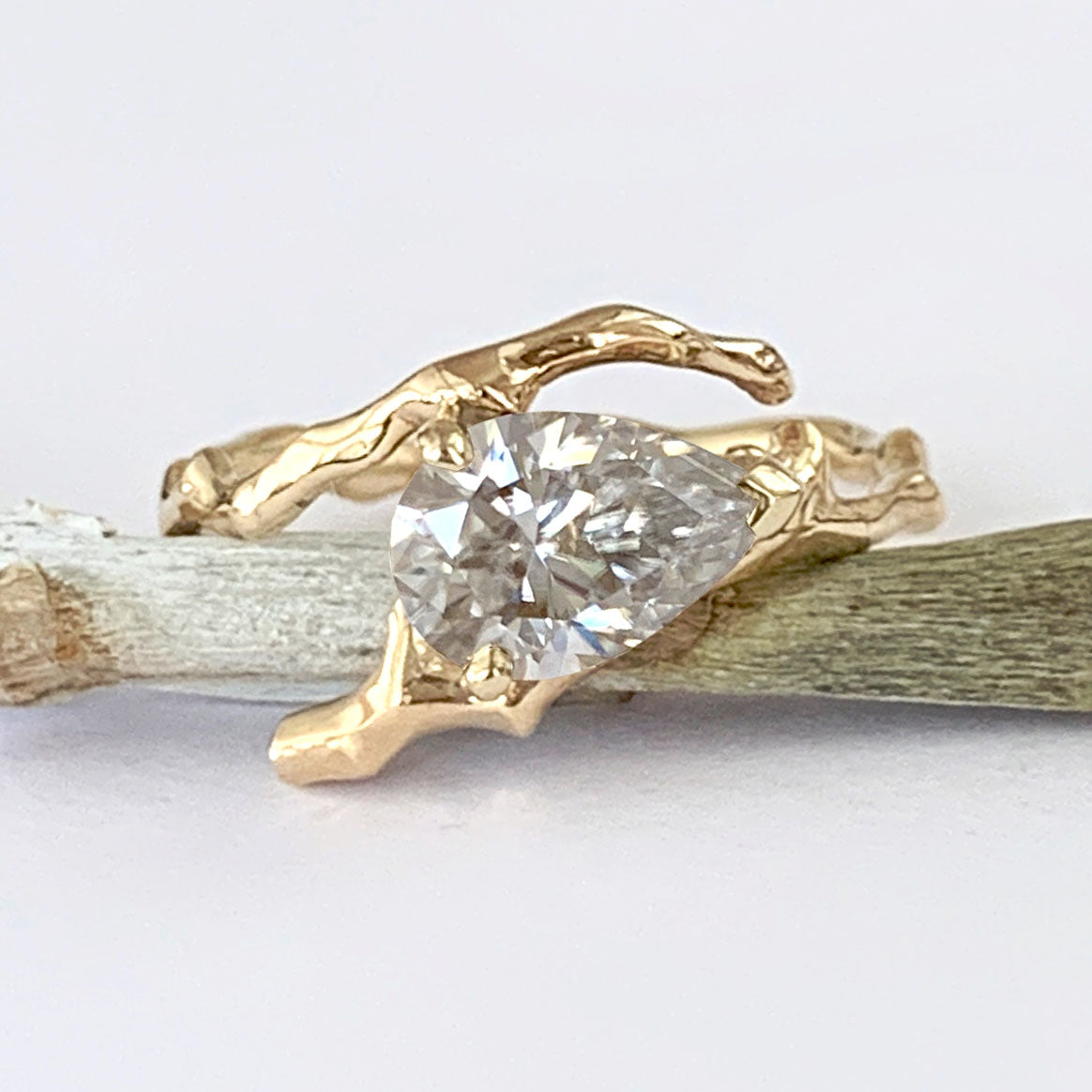 Twig Engagement Ring in 18 Carat Gold and Pear Cut Diamond