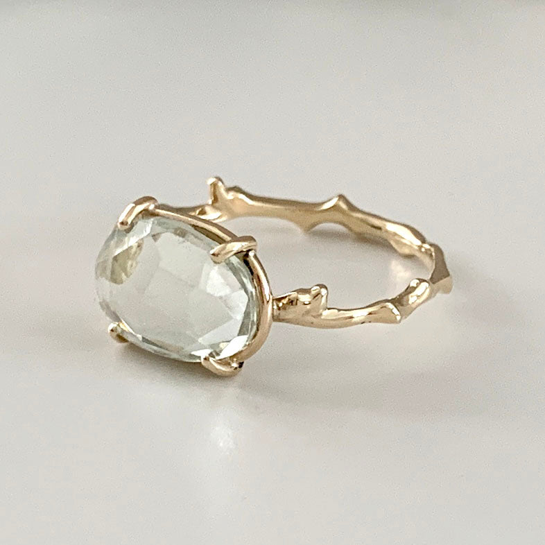 Twig Statement Ring with Unique Rose Cut Green Amethyst
