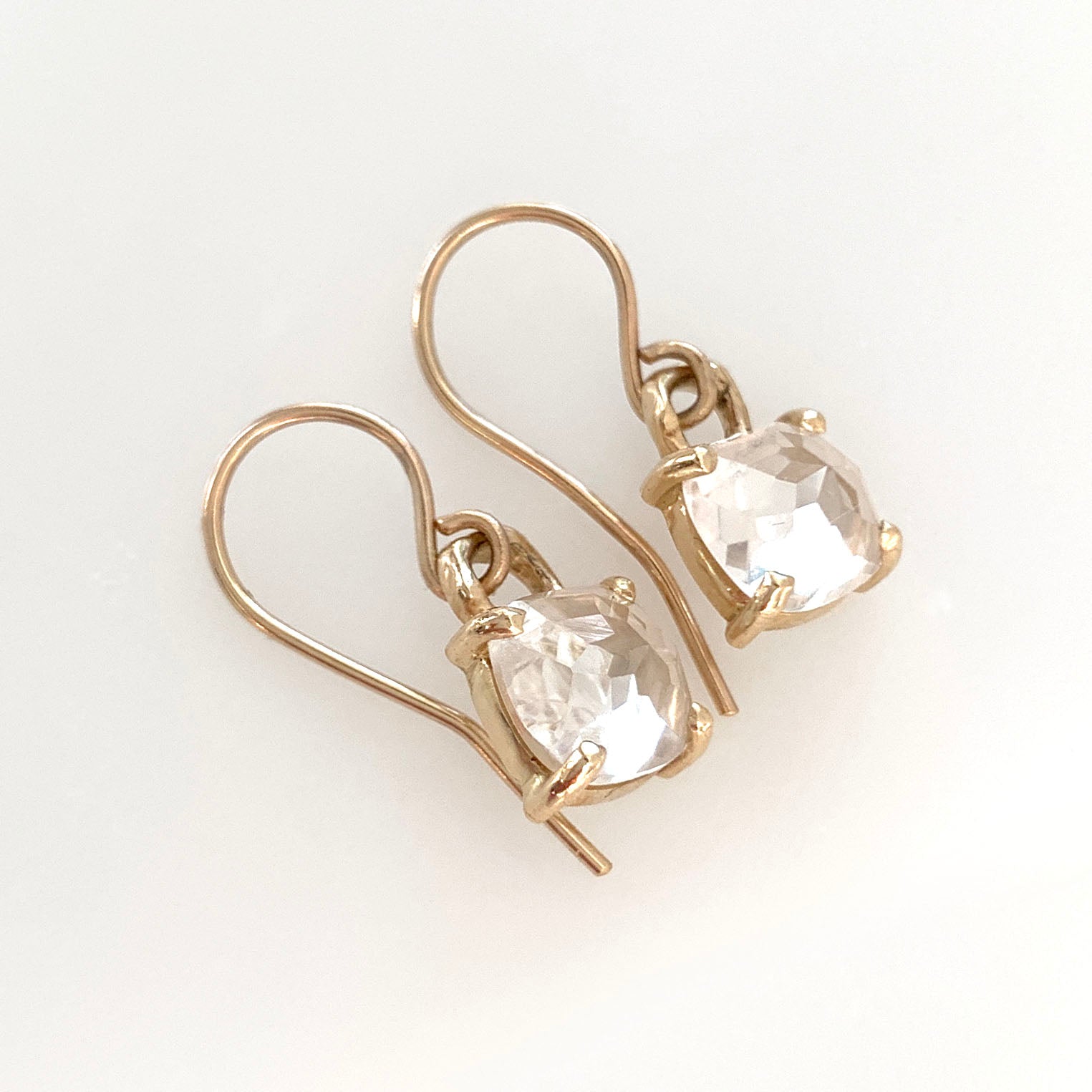 Drop earrings with square cushion cut white topaz with twig detail