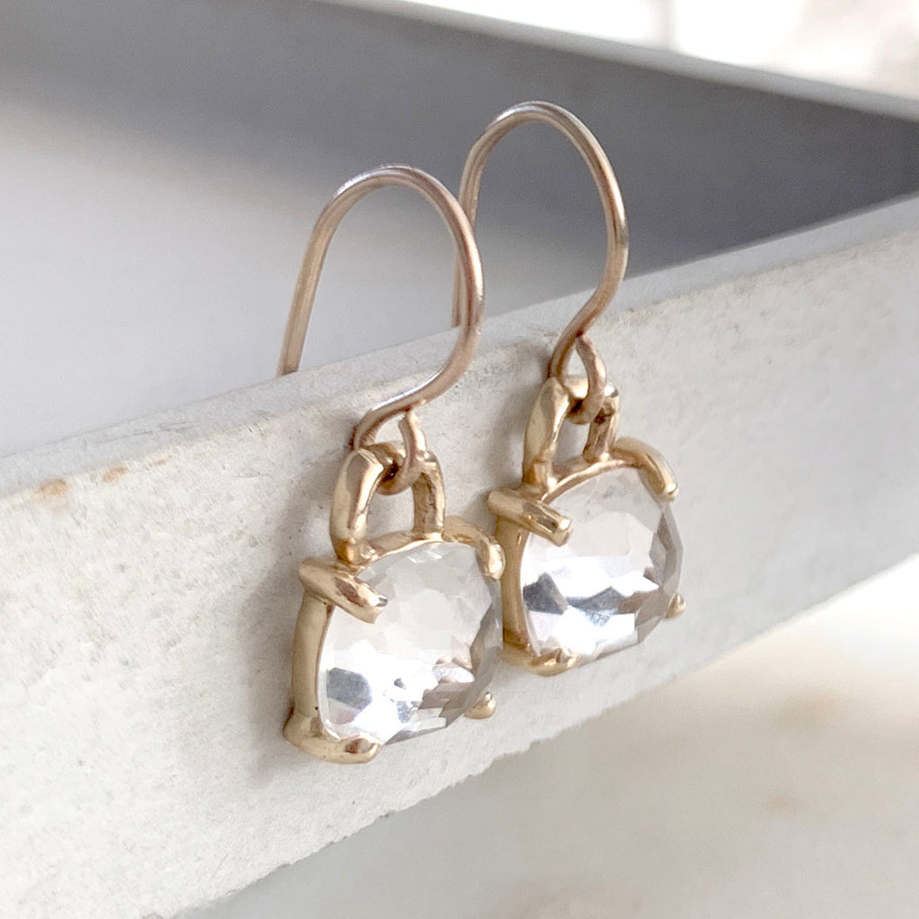Drop earrings with square cushion cut white topaz with twig detail